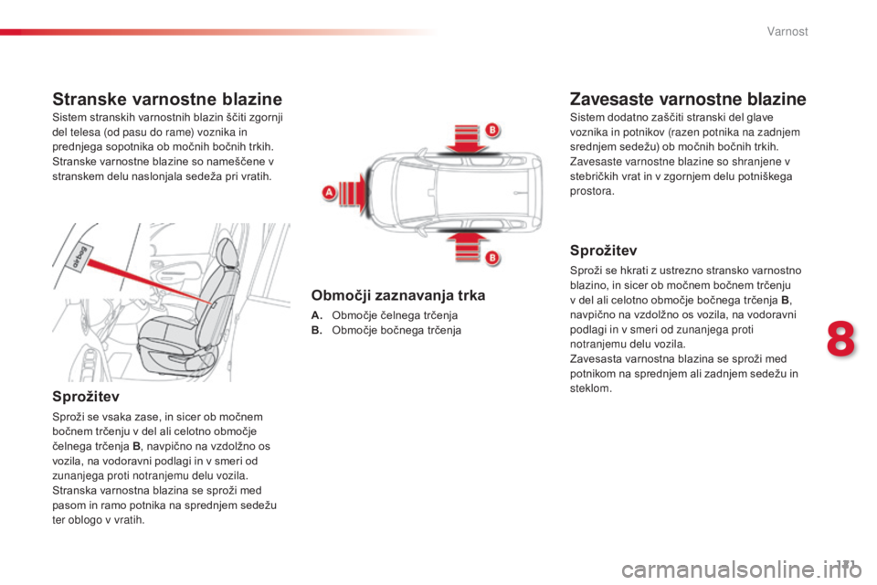 CITROEN C3 PICASSO 2015 Navodila Za Uporabo (in Slovenian) 121
C3Picasso_sl_Chap08_securite_ed01-2014
Stranske varnostne blazine
Sprožitev
Sproži se vsaka zase, in sicer ob močnem
bočnem trčenju v del ali celotno območje
čelnega trčenja B, navpično CITROEN C3 PICASSO 2015 Navodila Za Uporabo (in Slovenian) 121
C3Picasso_sl_Chap08_securite_ed01-2014
Stranske varnostne blazine
Sprožitev
Sproži se vsaka zase, in sicer ob močnem
bočnem trčenju v del ali celotno območje
čelnega trčenja B, navpično