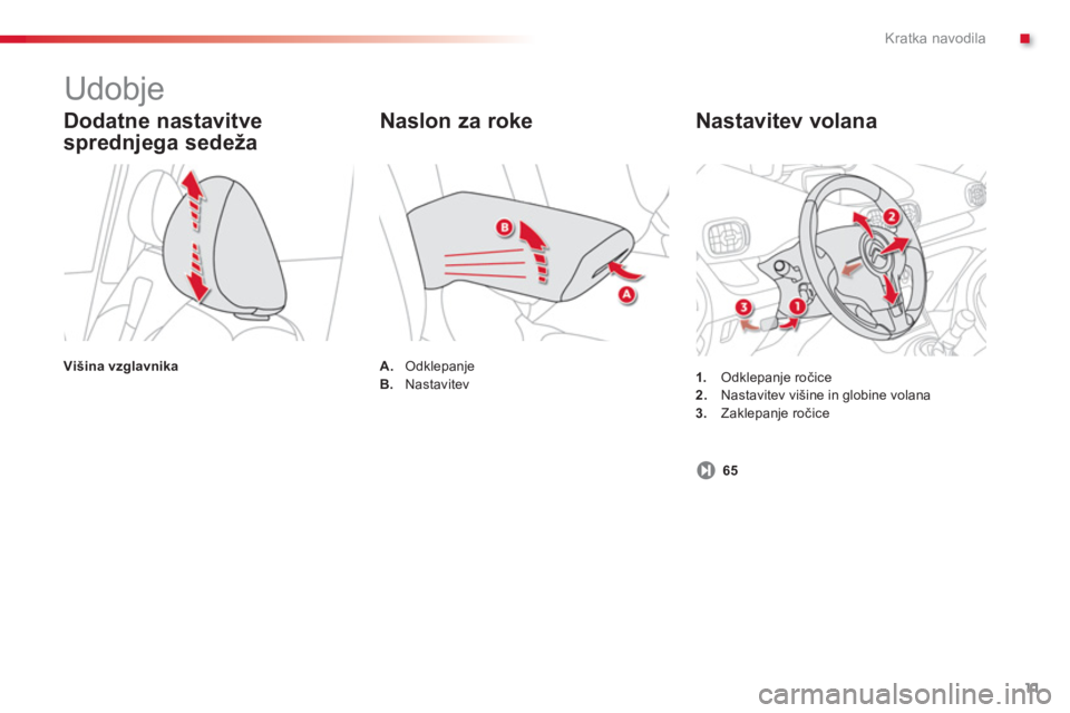 CITROEN C3 PICASSO 2014  Navodila Za Uporabo (in Slovenian) .Kratka navodila
11
   
Nastavitev volana
1. 
 Odklepanje ročice2.Nastavitev višine in globine volana 3.Zaklepanje ročice
 
 
Dodatne nastavitve
spredn
jega sedeža
Višina vzglavnika
Naslon za rok