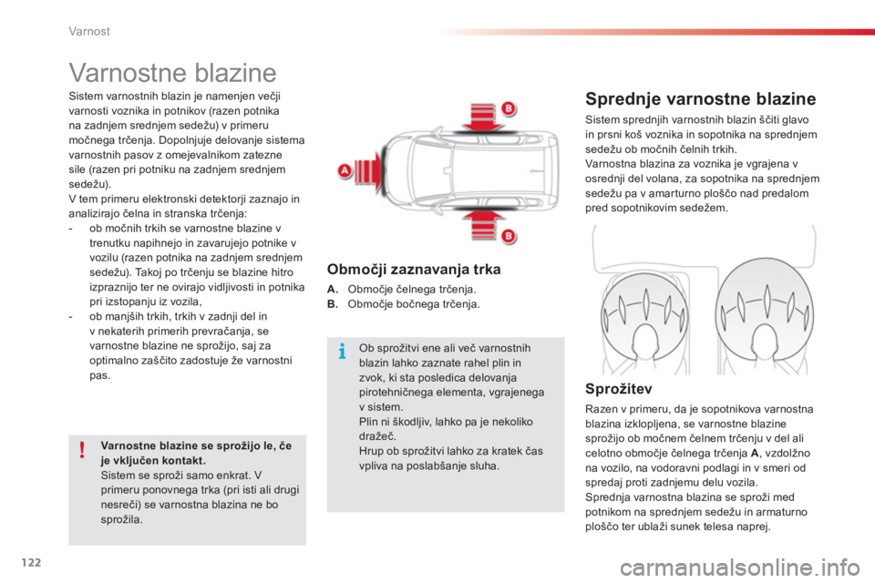 CITROEN C3 PICASSO 2014  Navodila Za Uporabo (in Slovenian) Var nost
122
  Varnostne blazine 
Sprednje varnostne blazine 
 
Sistem sprednjih varnostnih blazin ščiti glavo 
in prsni koš voznika in sopotnika na sprednjemsedežu ob močnih čelnih trkih. 
 Var