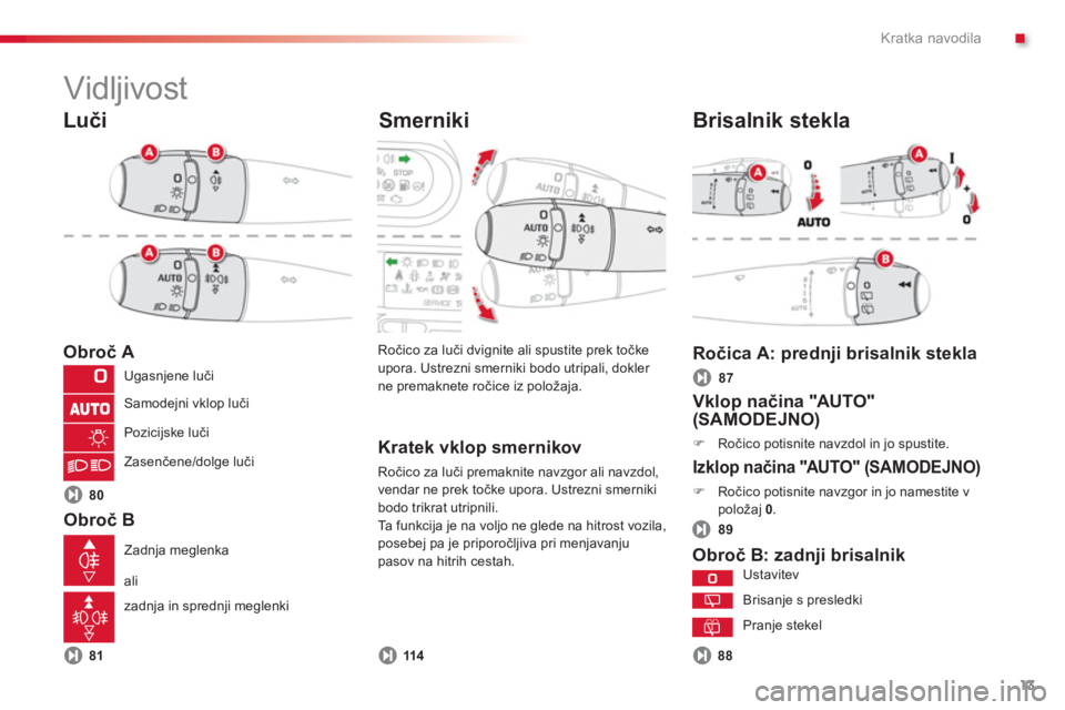 CITROEN C3 PICASSO 2014  Navodila Za Uporabo (in Slovenian) .Kratka navodila
13
   
Luči 
 
 
Obroč A 
   
Obroč B Ročico za luči dvignite ali spustite prek točke upora. Ustrezni smerniki bodo utripali, dokler ne premaknete ročice iz položaja. 
Smernik