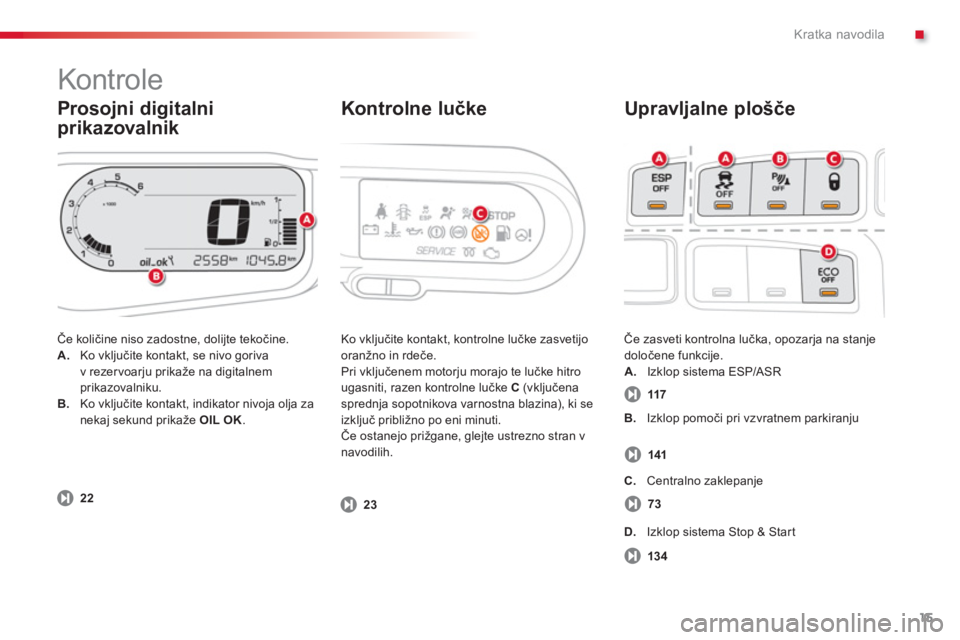 CITROEN C3 PICASSO 2014  Navodila Za Uporabo (in Slovenian) .Kratka navodila
15
   
Prosojni digitalni 
prikazovalnik
 
 
Upravljalne plošče
 
Če količine niso zadostne, dolijte tekočine. 
A.Ko vključite kontakt, se nivo goriva 
v rezervoarju prikaže na