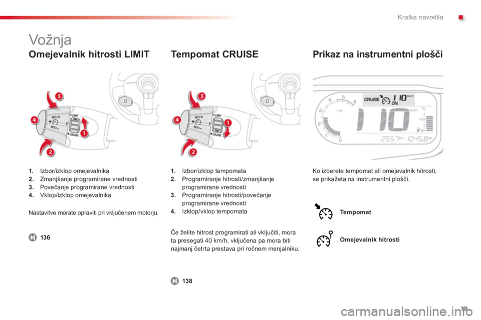 CITROEN C3 PICASSO 2014  Navodila Za Uporabo (in Slovenian) .Kratka navodila
19
   
Omejevalnik hitrosti LIMIT 
 
Prikaz na instrumentni plošči
1. 
 Izbor/izklop omejevalnika2.Zmanjšanje programirane vrednosti3.Povečanje programirane vrednosti4. 
 Vklop/iz