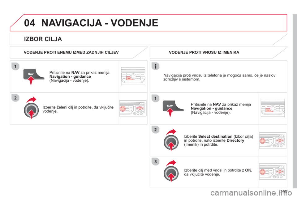 CITROEN C3 PICASSO 2014  Navodila Za Uporabo (in Slovenian) 209
04
   
IZBOR CILJA 
NAVIGACIJA - VODENJE
 
 VODENJE PROTI ENEMU IZMED ZADNJIH CILJEV  
Priti
snite na  NAV 
 za prikaz menija 
Navigation - guidance(Navigacija - vodenje).  
   
Izberite 
želeni 