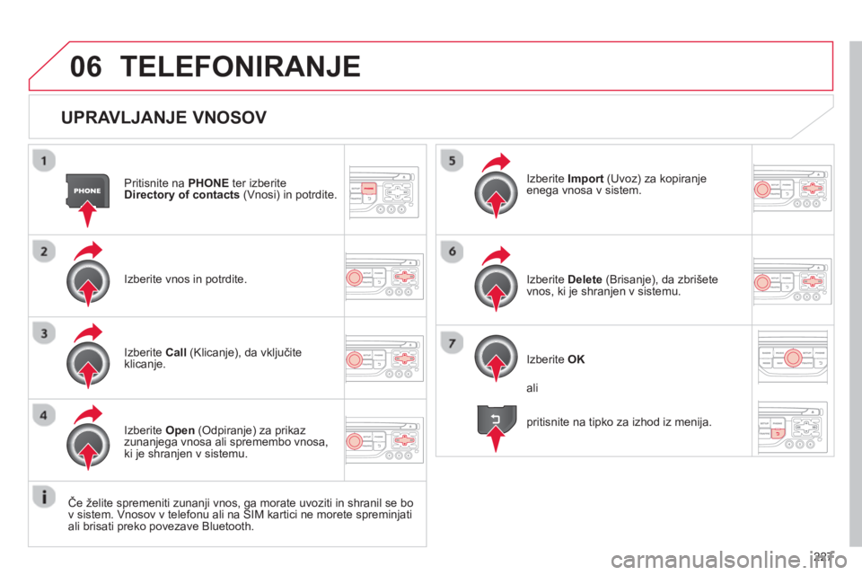 CITROEN C3 PICASSO 2014  Navodila Za Uporabo (in Slovenian) 227
06
   
UPRAVLJANJE VNOSOV 
Pritisnite na  PHONEter izberiteDirectory of contacts(Vnosi) in potrdite.  
Izberite vnos in 
potrdite.  Iz
berite  Import(Uvoz) za kopiranje enega vnosa v sistem.  
Izb