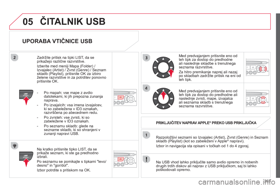 CITROEN C3 PICASSO 2014 Navodila Za Uporabo (in Slovenian) 263
05
UPORABA VTIČNICE USB
Na kratko pritisnite tipko LIST, da seprikaže seznam, ki ste ga predhodno
izbrali.
Po seznamu se pomika
jte s tipkami "levo/desno" in "gor/dol".
Izbor
potr CITROEN C3 PICASSO 2014 Navodila Za Uporabo (in Slovenian) 263
05
UPORABA VTIČNICE USB
Na kratko pritisnite tipko LIST, da seprikaže seznam, ki ste ga predhodno
izbrali.
Po seznamu se pomika
jte s tipkami "levo/desno" in "gor/dol".
Izbor
potr
