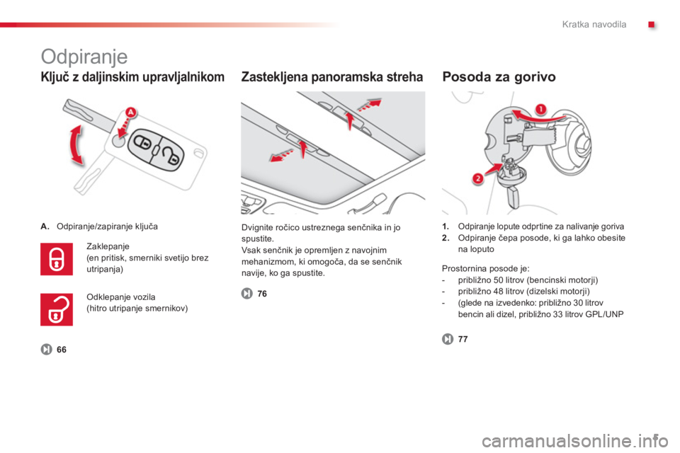 CITROEN C3 PICASSO 2014  Navodila Za Uporabo (in Slovenian) .Kratka navodila
5
   
Ključ z daljinskim upravljalnikom
A.Odpiranje/zapiranje ključa
  Zaklepan
je(en pritisk, smerniki svetijo brezutripanja) 
 
 
Zastekljena panoramska streha
 
Dvignite ročico 