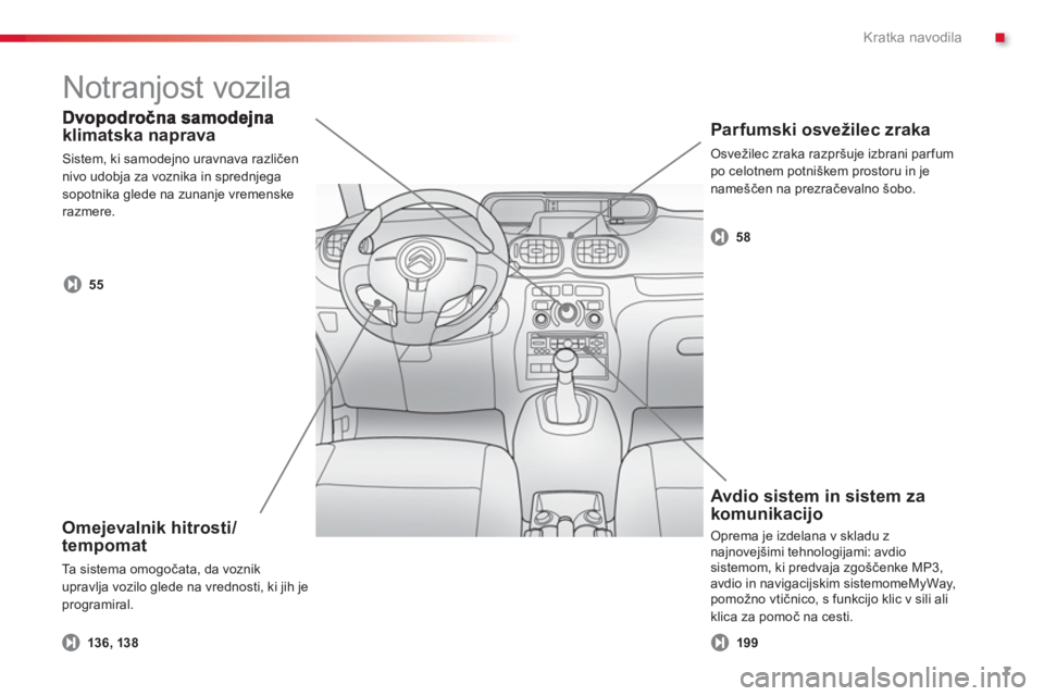 CITROEN C3 PICASSO 2014  Navodila Za Uporabo (in Slovenian) .Kratka navodila
7
klimatska naprava
  Sistem, ki samodejno uravnava različen 
nivo udobja za voznika in sprednjega sopotnika glede na zunanje vremenske razmere.
 
 
Omejevalnik hitrosti/
tempomat
  