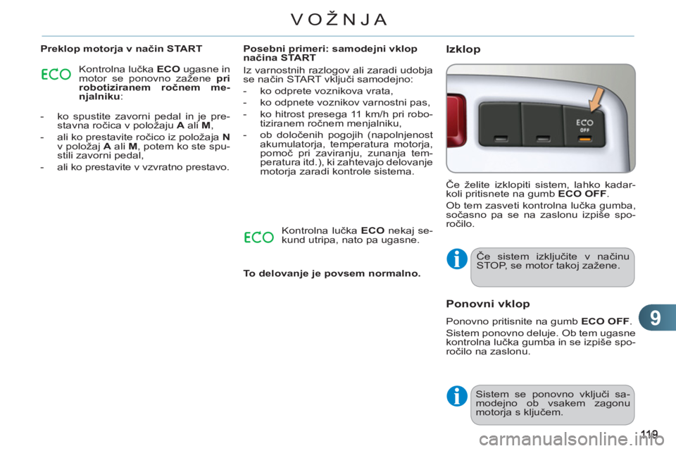 CITROEN C3 PICASSO 2012  Navodila Za Uporabo (in Slovenian) 9
VOŽNJA
   
Preklop motorja v način START 
   
Kontrolna lučka  ECO 
 ugasne in 
motor se ponovno zažene  pri 
robotiziranem ročnem me-
njalniku 
: 
   
 
-   ko spustite zavorni pedal in je pre