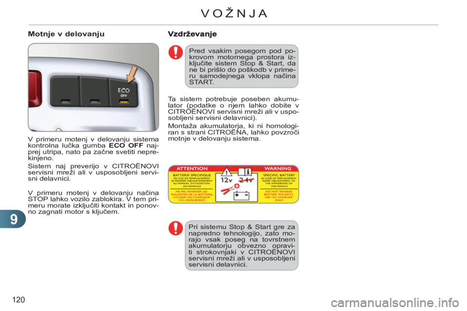 CITROEN C3 PICASSO 2012  Navodila Za Uporabo (in Slovenian) 9
120
VOŽNJA
   
Motnje v delovanju 
 
V primeru motenj v delovanju sistema 
kontrolna lučka gumba  ECO OFF 
 naj-
prej utripa, nato pa začne svetiti nepre-
kinjeno. 
  Sistem naj preverijo v CITRO