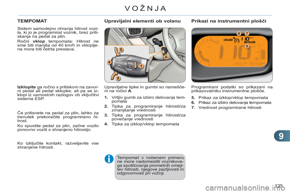 CITROEN C3 PICASSO 2012  Navodila Za Uporabo (in Slovenian) 9
123
VOŽNJA
TEMPOMAT 
  Sistem samodejno ohranja hitrost vozi-
la, ki jo je programiral voznik, brez priti-
skanja na pedal za plin. 
  Ročni  vklop 
 tempomata: Hitrost ne 
sme biti manjša od 40 