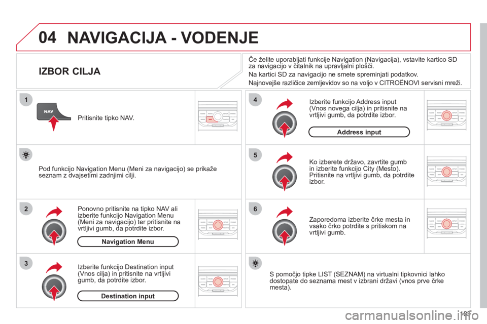 CITROEN C3 PICASSO 2012  Navodila Za Uporabo (in Slovenian) 183
04
1
2
3
5
6
4
  NAVIGACIJA - VODENJE 
 
 
 
 
 
 
 
 
 
 
 
 
 
 
 
 
IZBOR CILJA 
Ponovno pritisnite na tipko NAV ali 
izberite funkcijo Navigation Menu (Meni za navigacijo) ter pritisnite na
vr