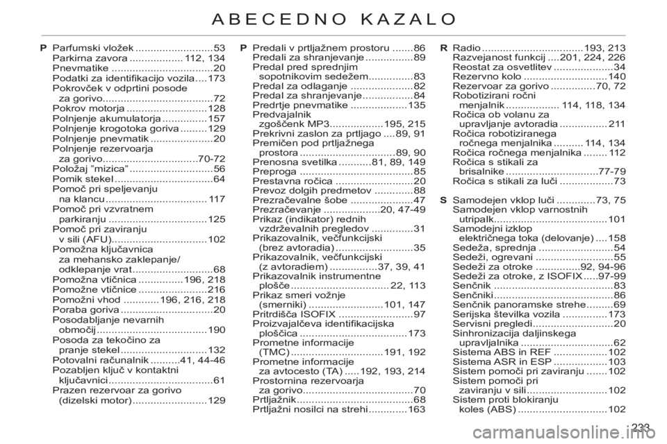 CITROEN C3 PICASSO 2012  Navodila Za Uporabo (in Slovenian) 233
ABECEDNO KAZALO
P  Predali v prtljažnem prostoru .......86
  Predali za shranjevanje ................89
  Predal pred sprednjim 
sopotnikovim sedežem ...............83
  Predal za odlaganje ....