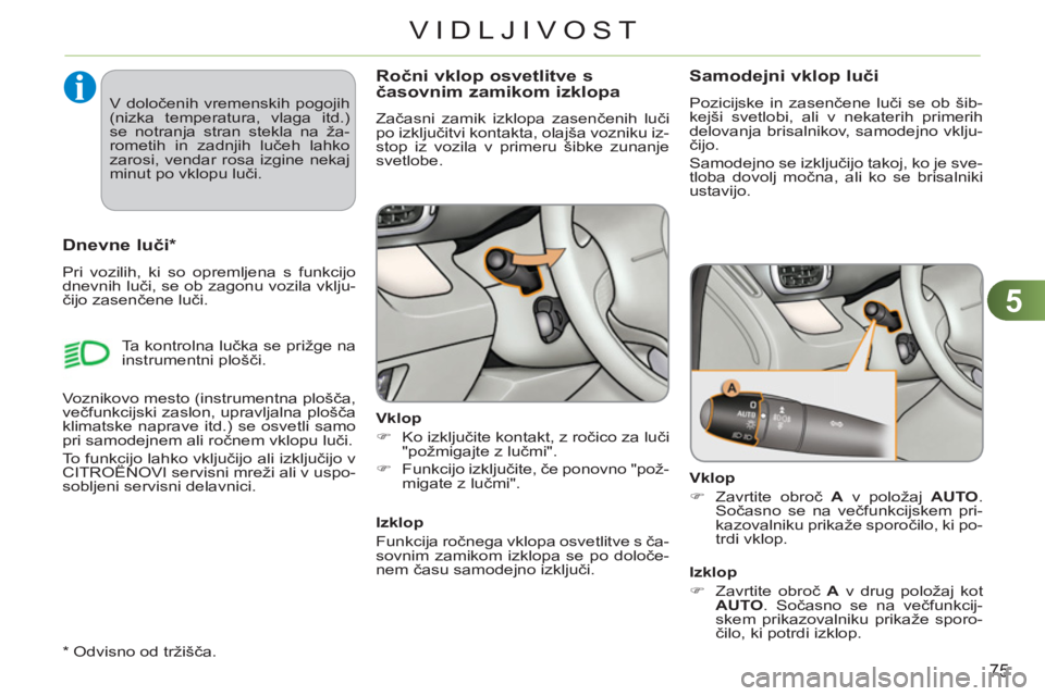 CITROEN C3 PICASSO 2012  Navodila Za Uporabo (in Slovenian) 5
75
VIDLJIVOST
Ročni vklop osvetlitve s časovnim zamikom izklopa 
 
Začasni zamik izklopa zasenčenih luči 
po izključitvi kontakta, olajša vozniku iz-
stop iz vozila v primeru šibke zunanje 
