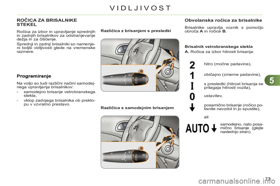 CITROEN C3 PICASSO 2012  Navodila Za Uporabo (in Slovenian) 5
77
VIDLJIVOST
ROČICA ZA BRISALNIKESTEKEL
 
Ročica za izbor in upravljanje sprednjih 
in zadnjih brisalnikov za odstranjevanje 
dežja in za čiščenje. 
  Sprednji in zadnji brisalniki so namenje
