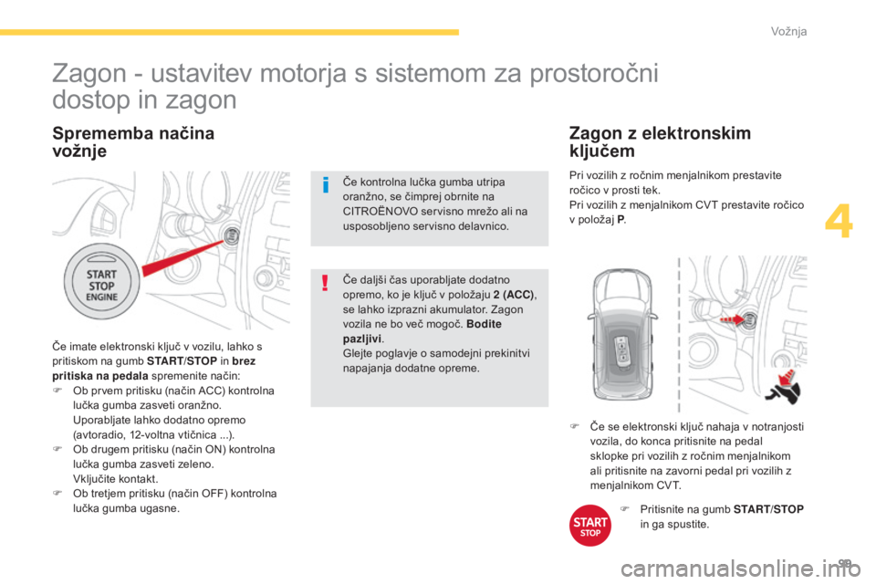 CITROEN C4 AIRCROSS 2016  Navodila Za Uporabo (in Slovenian) 99
C4-Aircross_sl_Chap04_conduite_ed01-2014
Sprememba načina  
vožnje
Če imate elektronski ključ v vozilu, lahko s 
pritiskom na gumb START/STOP  in brez 
pritiska na pedala  spremenite način:
F
 CITROEN C4 AIRCROSS 2016  Navodila Za Uporabo (in Slovenian) 99
C4-Aircross_sl_Chap04_conduite_ed01-2014
Sprememba načina  
vožnje
Če imate elektronski ključ v vozilu, lahko s 
pritiskom na gumb START/STOP  in brez 
pritiska na pedala  spremenite način:
F