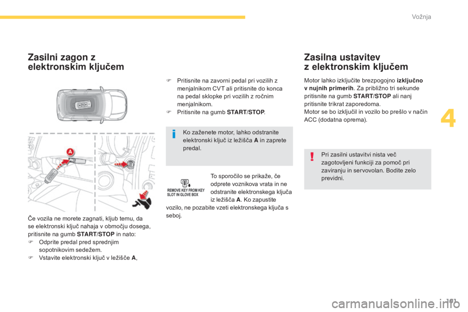 CITROEN C4 AIRCROSS 2016  Navodila Za Uporabo (in Slovenian) 101
C4-Aircross_sl_Chap04_conduite_ed01-2014
Ko zaženete motor, lahko odstranite 
elektronski ključ iz ležišča A in zaprete 
predal.
Zasilni zagon z 
elektronskim ključem
To sporočilo se prika CITROEN C4 AIRCROSS 2016  Navodila Za Uporabo (in Slovenian) 101
C4-Aircross_sl_Chap04_conduite_ed01-2014
Ko zaženete motor, lahko odstranite 
elektronski ključ iz ležišča A in zaprete 
predal.
Zasilni zagon z 
elektronskim ključem
To sporočilo se prika