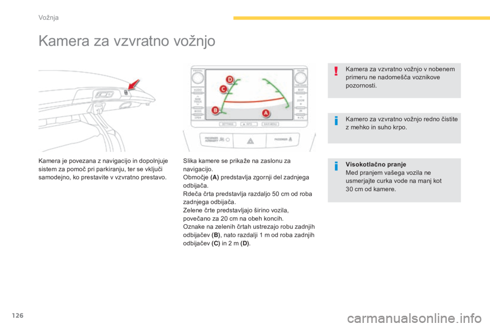 CITROEN C4 AIRCROSS 2016  Navodila Za Uporabo (in Slovenian) 126
C4-Aircross_sl_Chap04_conduite_ed01-2014
Kamera za vzvratno vožnjo
Kamera je povezana z navigacijo in dopolnjuje 
sistem za pomoč pri parkiranju, ter se vključi 
samodejno, ko prestavite v vzvr