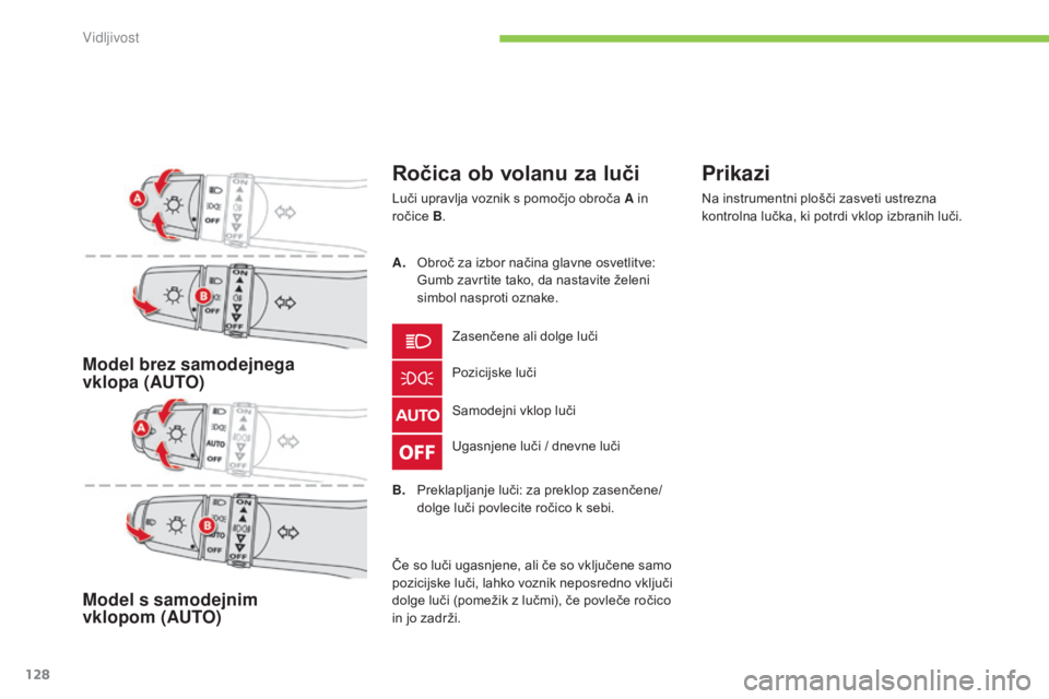 CITROEN C4 AIRCROSS 2016  Navodila Za Uporabo (in Slovenian) 128
C4-Aircross_sl_Chap05_visibilite_ed01-2014
Model brez samodejnega  
vklopa (AUTO)
Model s samodejnim  
vklopom (AUTO)
Ročica ob volanu za luči
Luči upravlja voznik s pomočjo obroča A in 
roč