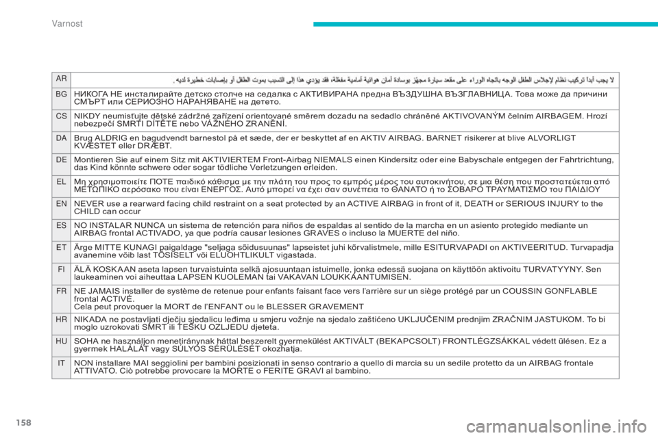 CITROEN C4 AIRCROSS 2016  Navodila Za Uporabo (in Slovenian) 158
Ar
BGНИКОГА НЕ инсталирайте детско столче на седалка с АКТИВИРАНА предна ВЪЗДУШНА ВЪЗГЛАВНИЦ А. Това може да 