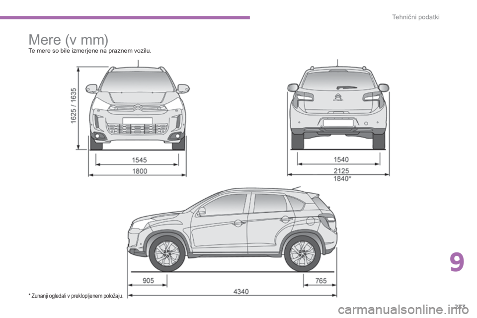 CITROEN C4 AIRCROSS 2016 Navodila Za Uporabo (in Slovenian) 233
C4-Aircross_sl_Chap09_caracteristiques-techniques_ed01-2014
Mere (v mm)Te mere so bile izmerjene na praznem vozilu.
* Zunanji ogledali v preklopljenem položaju.
9
Tehnični podatki CITROEN C4 AIRCROSS 2016 Navodila Za Uporabo (in Slovenian) 233
C4-Aircross_sl_Chap09_caracteristiques-techniques_ed01-2014
Mere (v mm)Te mere so bile izmerjene na praznem vozilu.
* Zunanji ogledali v preklopljenem položaju.
9
Tehnični podatki