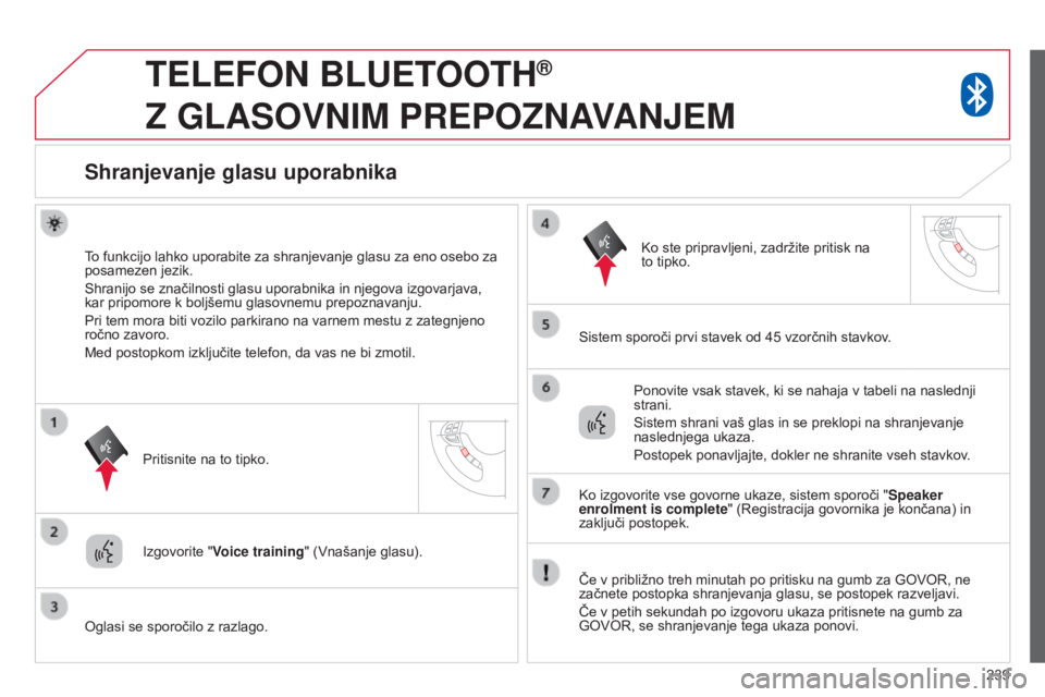 CITROEN C4 AIRCROSS 2016  Navodila Za Uporabo (in Slovenian) 239
TELEFON BLUETOOTH®  
Z

 
GLASOVNIM
 
PREPOZNAVANJEM
Shranjevanje glasu uporabnika
To funkcijo lahko uporabite za shranjevanje glasu za eno osebo za 
posamezen jezik.
Shranijo se značilnosti gla