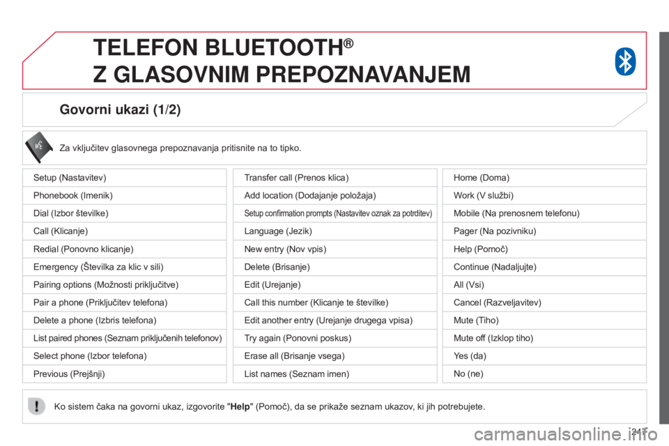 CITROEN C4 AIRCROSS 2016  Navodila Za Uporabo (in Slovenian) 247
Govorni ukazi (1/2)
Setup (Nastavitev)
Phonebook (Imenik)
Dial (Izbor številke)
Call (Klicanje)
Redial (Ponovno klicanje)
Emergency (Številka za klic v sili)
Pairing options (Možnosti priključ