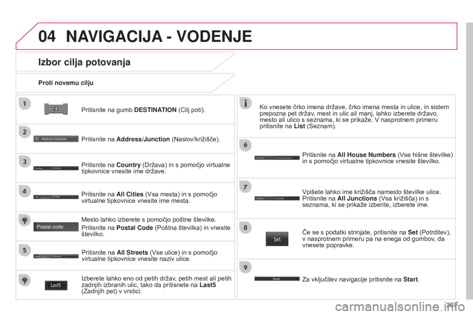 CITROEN C4 AIRCROSS 2016  Navodila Za Uporabo (in Slovenian) 04
267
C4-Aircross_sl_Chap10b_Mitsu6_ed01-2014
Pritisnite na gumb DESTINATION (Cilj poti).
Proti novemu cilju
Izbor cilja potovanja
Pritisnite na Address/Junction (Naslov/križišče).
Pritisnite na C