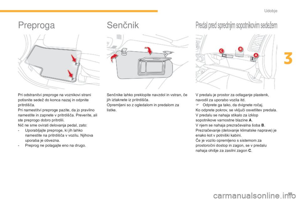 CITROEN C4 AIRCROSS 2016  Navodila Za Uporabo (in Slovenian) 91
C4-Aircross_sl_Chap03_confort_ed01-2014
preproga
Pri odstranitvi preproge na voznikovi strani 
potisnite sedež do konca nazaj in odpnite 
pritrdišča.
Pri namestitvi preproge pazite, da jo pravil CITROEN C4 AIRCROSS 2016  Navodila Za Uporabo (in Slovenian) 91
C4-Aircross_sl_Chap03_confort_ed01-2014
preproga
Pri odstranitvi preproge na voznikovi strani 
potisnite sedež do konca nazaj in odpnite 
pritrdišča.
Pri namestitvi preproge pazite, da jo pravil