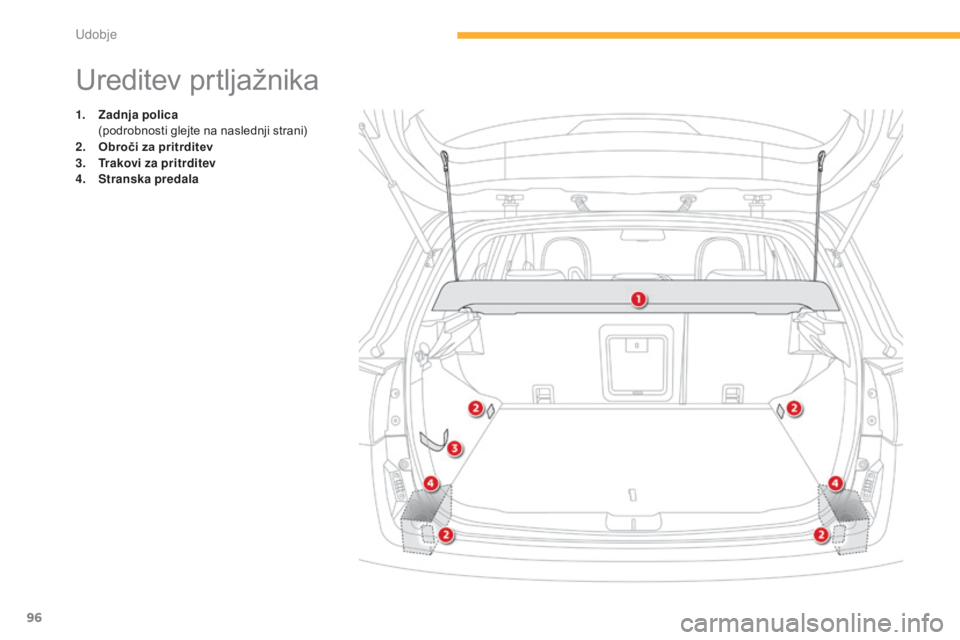CITROEN C4 AIRCROSS 2016  Navodila Za Uporabo (in Slovenian) 96
C4-Aircross_sl_Chap03_confort_ed01-2014
Ureditev prtljažnika
1. Zadnja polica  (
podrobnosti glejte na naslednji strani)
2.
 O
broči za pritrditev
3.
 T
rakovi za pritrditev
4.
 S
transka pred CITROEN C4 AIRCROSS 2016  Navodila Za Uporabo (in Slovenian) 96
C4-Aircross_sl_Chap03_confort_ed01-2014
Ureditev prtljažnika
1. Zadnja polica  (
podrobnosti glejte na naslednji strani)
2.
 O
broči za pritrditev
3.
 T
rakovi za pritrditev
4.
 S
transka pred