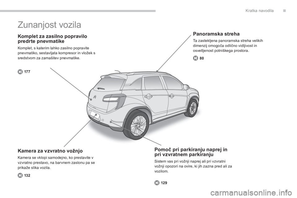 CITROEN C4 AIRCROSS 2014  Navodila Za Uporabo (in Slovenian) .
5
Kratka navodila
   
Komplet za zasilno popravilo 
predrte pnevmatike 
  Komplet, s katerim lahko zasilno popravite 
pnevmatiko, sestavljata kompresor in vložek s 
sredstvom za zamašitev pnevmati