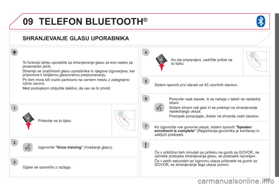 CITROEN C4 AIRCROSS 2013 Navodila Za Uporabo (in Slovenian) 273
09
2
3
1
4
5
6
7
TELEFON BLUETOOTH®
SHRANJEVANJE GLASU UPORABNIKA
To funkcijo lahko uporabite za shranjevanje glasu za eno osebo za
posamezen jezik.
Shranij CITROEN C4 AIRCROSS 2013 Navodila Za Uporabo (in Slovenian) 273
09
2
3
1
4
5
6
7
TELEFON BLUETOOTH®
SHRANJEVANJE GLASU UPORABNIKA
To funkcijo lahko uporabite za shranjevanje glasu za eno osebo za
posamezen jezik.
Shranij