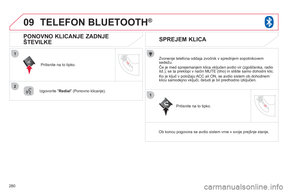 CITROEN C4 AIRCROSS 2013 Navodila Za Uporabo (in Slovenian) 280
09
1
2
1
TELEFON BLUETOOTH®
Zvonenje telefona oddaja zvočnik v sprednjem sopotnikovem sedežu.
Če
je med sprejemanjem klica vključen avdio vir (zgoščenka, radio
itd.), se ta preklopi CITROEN C4 AIRCROSS 2013 Navodila Za Uporabo (in Slovenian) 280
09
1
2
1
TELEFON BLUETOOTH®
Zvonenje telefona oddaja zvočnik v sprednjem sopotnikovem sedežu.
Če
je med sprejemanjem klica vključen avdio vir (zgoščenka, radio
itd.), se ta preklopi