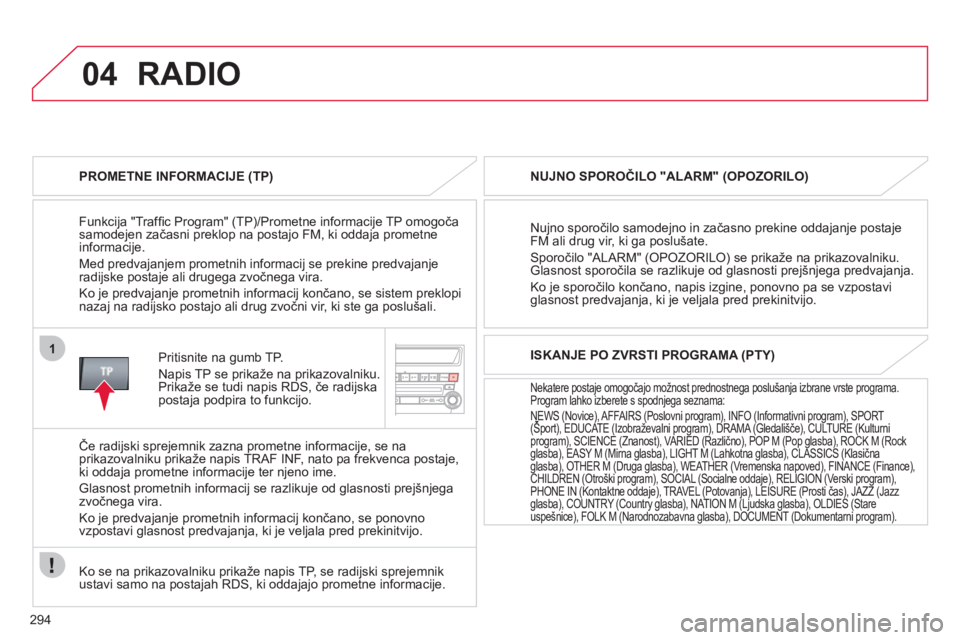 CITROEN C4 AIRCROSS 2013  Navodila Za Uporabo (in Slovenian) 294
04
1
RADIO
   
PROMETNE INFORMACIJE (TP)
 
 
Funkcija "Traffic Program" (TP)/Prometne informacije TP omogočasamodejen začasni preklop na postajo FM, ki oddaja prometne 
informacije. 
  Med pred CITROEN C4 AIRCROSS 2013  Navodila Za Uporabo (in Slovenian) 294
04
1
RADIO
   
PROMETNE INFORMACIJE (TP)
 
 
Funkcija "Traffic Program" (TP)/Prometne informacije TP omogočasamodejen začasni preklop na postajo FM, ki oddaja prometne 
informacije. 
  Med pred