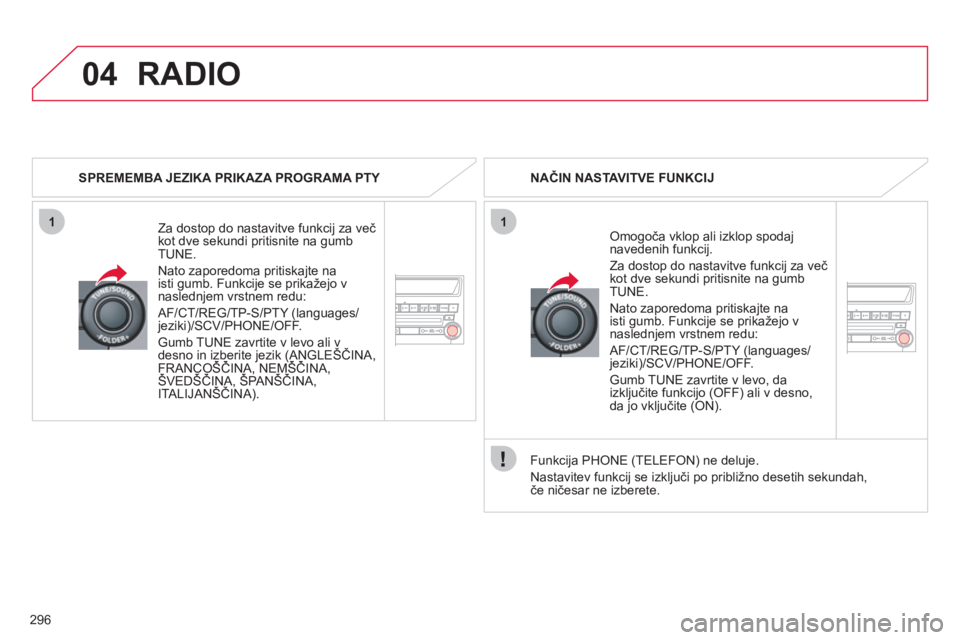 CITROEN C4 AIRCROSS 2013  Navodila Za Uporabo (in Slovenian) 296
04
11
RADIO
   
SPREMEMBA JEZIKA PRIKAZA PROGRAMA PTY  
Za dostop do nastavitve funkci
j za več kot dve sekundi pritisnite na gumbTUNE.
Nato zaporedoma pritiskajte na
isti gumb. Funkcije se prika CITROEN C4 AIRCROSS 2013  Navodila Za Uporabo (in Slovenian) 296
04
11
RADIO
   
SPREMEMBA JEZIKA PRIKAZA PROGRAMA PTY  
Za dostop do nastavitve funkci
j za več kot dve sekundi pritisnite na gumbTUNE.
Nato zaporedoma pritiskajte na
isti gumb. Funkcije se prika