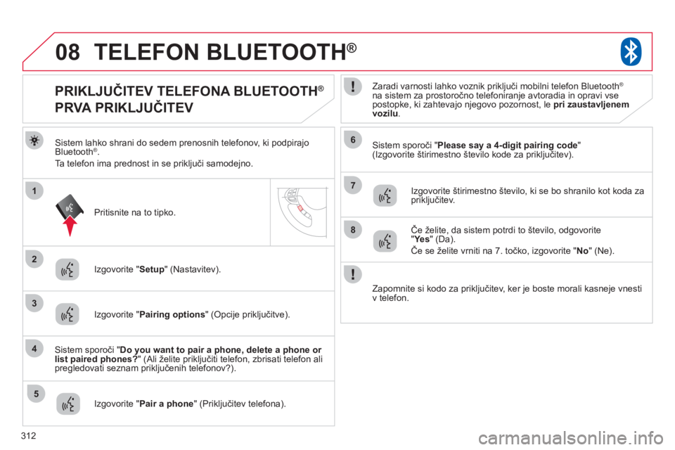 CITROEN C4 AIRCROSS 2013  Navodila Za Uporabo (in Slovenian) 312
08
2
4
1
6
8
3
5
7
TELEFON BLUETOOTH®
Sistem lahko shrani do sedem prenosnih telefonov, ki podpirajo Bluetooth®. 
Ta tele
fon ima prednost in se priključi samodejno.   
Sistem sporoči " Please CITROEN C4 AIRCROSS 2013  Navodila Za Uporabo (in Slovenian) 312
08
2
4
1
6
8
3
5
7
TELEFON BLUETOOTH®
Sistem lahko shrani do sedem prenosnih telefonov, ki podpirajo Bluetooth®. 
Ta tele
fon ima prednost in se priključi samodejno.   
Sistem sporoči " Please