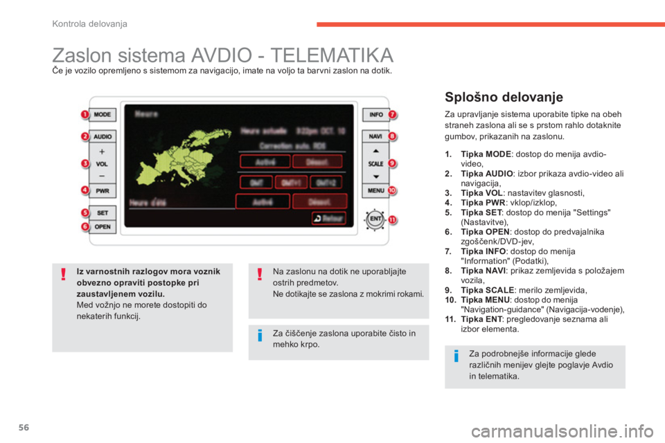 CITROEN C4 AIRCROSS 2013  Navodila Za Uporabo (in Slovenian) 56
Kontrola delovanja
   
 
 
 
 
 
 
 
 
 
 
 
 
 
 
 
 
Zaslon sistema AVDIO - TELEMATIKA Če je vozilo opremljeno s sistemom za navigacijo, imate na voljo ta bar vni zaslon na dotik.
 
 
Splošno d