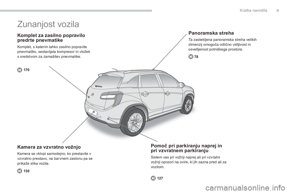 CITROEN C4 AIRCROSS 2013  Navodila Za Uporabo (in Slovenian) .
5
Kratka navodila
   
Komplet za zasilno popravilo predrte pnevmatike 
 
Komplet, s katerim lahko zasilno popravite pnevmatiko, sestavljata kompresor in vložek s sredstvom za zamašitev pnevmatike.