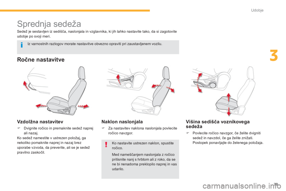 CITROEN C4 AIRCROSS 2013  Navodila Za Uporabo (in Slovenian) 79
3
Udobje
   
 
 
 
 
 
 
 
Sprednja sedeža 
 
 
Ročne nastavitve 
 
 Vzdolžna nastavitev
�)Dvignite ročico in premaknite sede