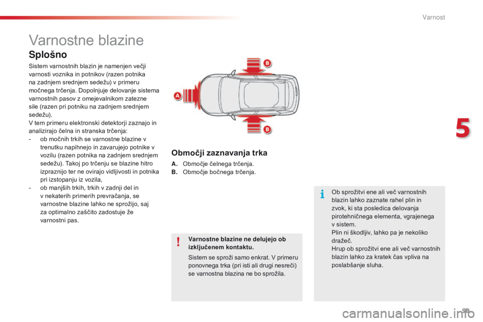 CITROEN C4 CACTUS 2018  Navodila Za Uporabo (in Slovenian) 99
C4-cactus_sl_Chap05_securite_ed01-2016
Varnostne blazine
Splošno
Sistem varnostnih blazin je namenjen večji 
varnosti voznika in potnikov (razen potnika 
na zadnjem srednjem sedežu) v primeru 
m