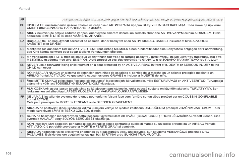 CITROEN C4 CACTUS 2018  Navodila Za Uporabo (in Slovenian) 108
AR
BG
НИКОГА НЕ инсталирайте детско столче на седалка с АКТИВИРАНА предна ВЪЗДУШНА ВЪЗГЛАВНИЦ А. Това може да