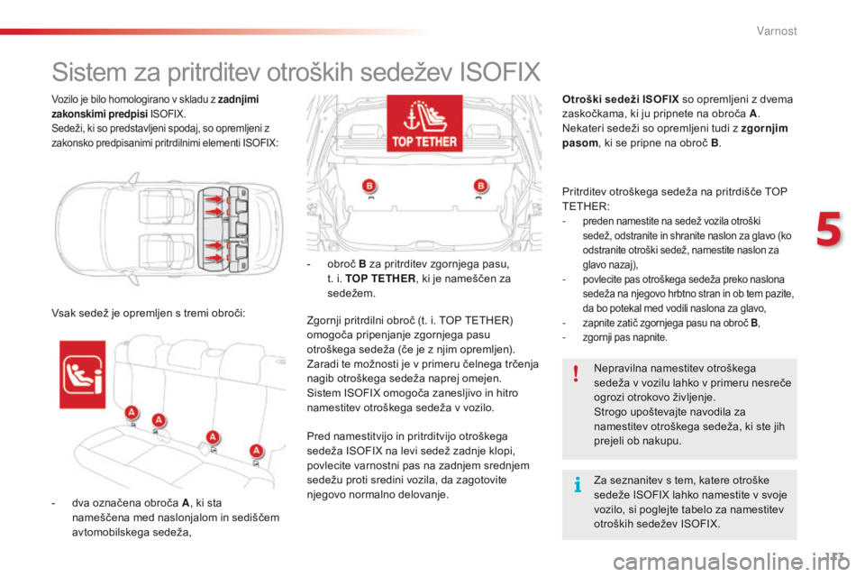 CITROEN C4 CACTUS 2018 Navodila Za Uporabo (in Slovenian) 113
C4-cactus_sl_Chap05_securite_ed01-2016
Vozilo je bilo homologirano v skladu z zadnjimi
zakonskimi predpisi ISOFIX.
Sedeži, ki so predstavljeni spodaj, so opremljeni z
zakonsko predpisanimi prit CITROEN C4 CACTUS 2018 Navodila Za Uporabo (in Slovenian) 113
C4-cactus_sl_Chap05_securite_ed01-2016
Vozilo je bilo homologirano v skladu z zadnjimi
zakonskimi predpisi ISOFIX.
Sedeži, ki so predstavljeni spodaj, so opremljeni z
zakonsko predpisanimi prit