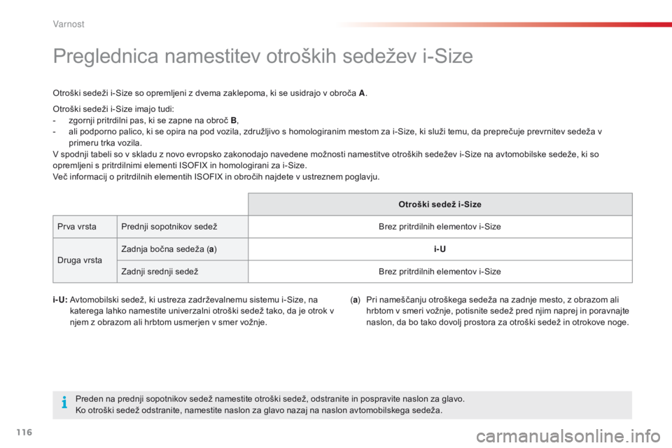 CITROEN C4 CACTUS 2018 Navodila Za Uporabo (in Slovenian) 116
C4-cactus_sl_Chap05_securite_ed01-2016
Preglednica namestitev otroških sedežev i-Size
Otroški sedeži i-Size so opremljeni z dvema zaklepoma, ki se usidrajo v obroča A.
i- U:
Av
tomobilski CITROEN C4 CACTUS 2018 Navodila Za Uporabo (in Slovenian) 116
C4-cactus_sl_Chap05_securite_ed01-2016
Preglednica namestitev otroških sedežev i-Size
Otroški sedeži i-Size so opremljeni z dvema zaklepoma, ki se usidrajo v obroča A.
i- U:
Av
tomobilski