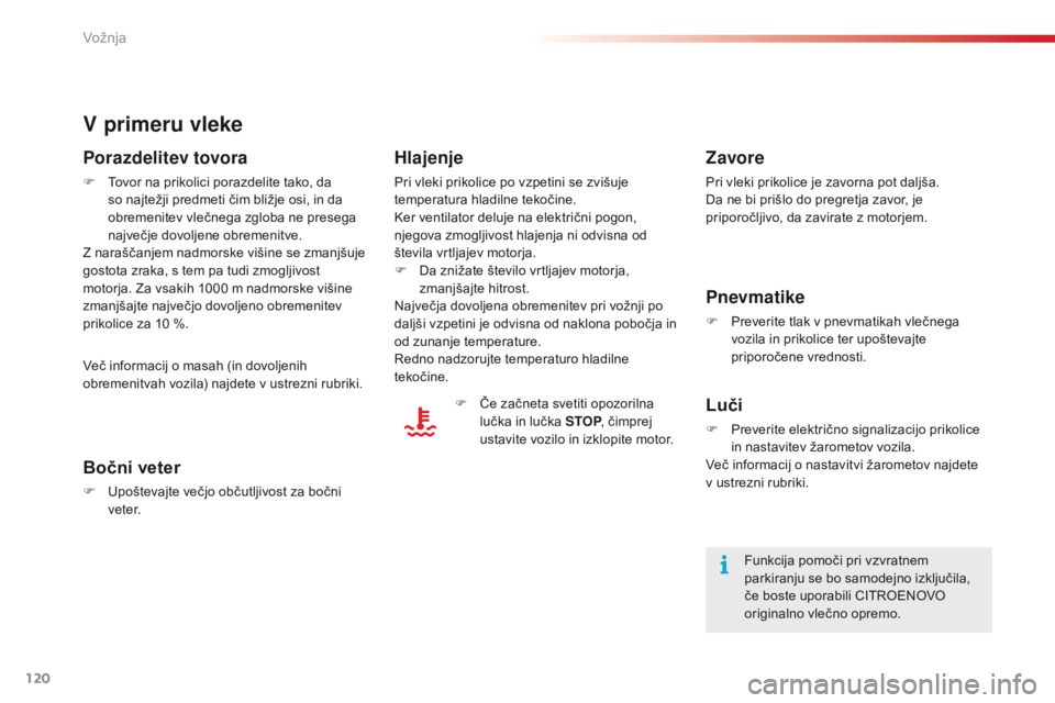 CITROEN C4 CACTUS 2018 Navodila Za Uporabo (in Slovenian) 120
C4-cactus_sl_Chap06_conduite_ed01-2016
V primeru vleke
Porazdelitev tovora
F Tovor na prikolici porazdelite tako, da
so najtežji predmeti čim bližje osi, in da
obremenitev vlečnega zgloba ne CITROEN C4 CACTUS 2018 Navodila Za Uporabo (in Slovenian) 120
C4-cactus_sl_Chap06_conduite_ed01-2016
V primeru vleke
Porazdelitev tovora
F Tovor na prikolici porazdelite tako, da
so najtežji predmeti čim bližje osi, in da
obremenitev vlečnega zgloba ne