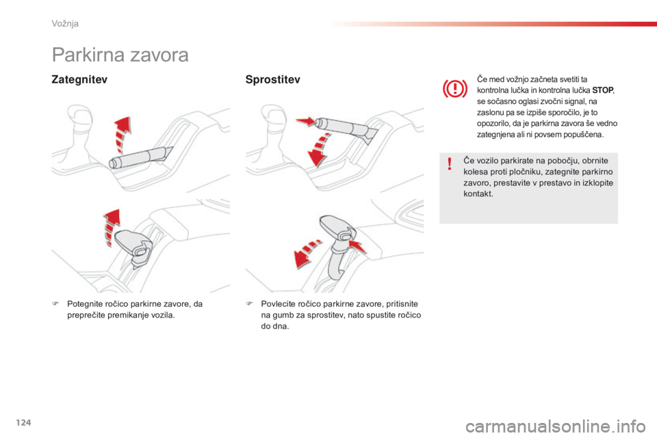 CITROEN C4 CACTUS 2018 Navodila Za Uporabo (in Slovenian) 124
C4-cactus_sl_Chap06_conduite_ed01-2016
Parkirna zavora
ZategnitevSprostitev
Če vozilo parkirate na pobočju, obrnite
kolesa proti pločniku, zategnite parkirno
zavoro, prestavite v prestavo in CITROEN C4 CACTUS 2018 Navodila Za Uporabo (in Slovenian) 124
C4-cactus_sl_Chap06_conduite_ed01-2016
Parkirna zavora
ZategnitevSprostitev
Če vozilo parkirate na pobočju, obrnite
kolesa proti pločniku, zategnite parkirno
zavoro, prestavite v prestavo in