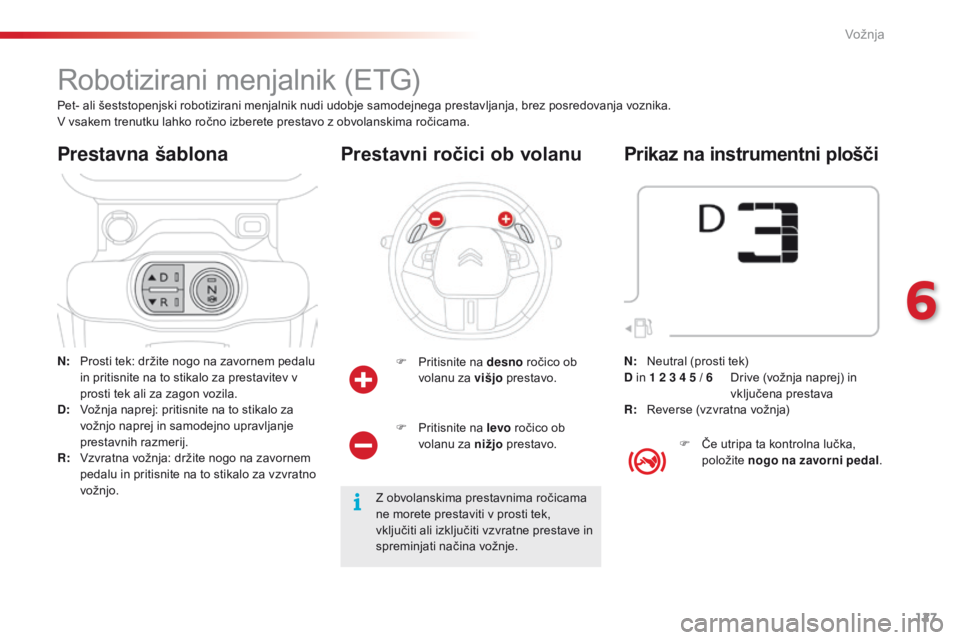 CITROEN C4 CACTUS 2018 Navodila Za Uporabo (in Slovenian) 127
C4-cactus_sl_Chap06_conduite_ed01-2016
Robotizirani menjalnik (ETG)
N: Prosti tek: držite nogo na zavornem pedalu
in pritisnite na to stikalo za prestavitev v
prosti tek ali za zagon vozila.
D: CITROEN C4 CACTUS 2018 Navodila Za Uporabo (in Slovenian) 127
C4-cactus_sl_Chap06_conduite_ed01-2016
Robotizirani menjalnik (ETG)
N: Prosti tek: držite nogo na zavornem pedalu
in pritisnite na to stikalo za prestavitev v
prosti tek ali za zagon vozila.
D:
