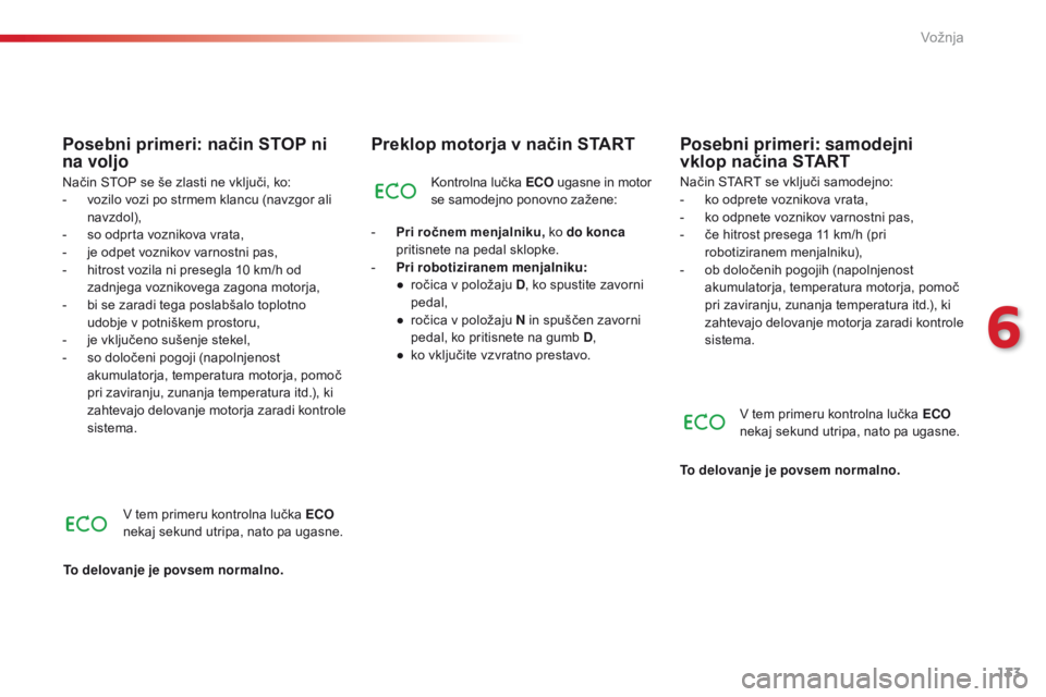 CITROEN C4 CACTUS 2018  Navodila Za Uporabo (in Slovenian) 133
C4-cactus_sl_Chap06_conduite_ed01-2016
Preklop motorja v način START
Kontrolna lučka ECO ugasne in motor 
se samodejno ponovno zažene:
-
 Pr

i ročnem menjalniku, ko do konca  
pritisnete na p