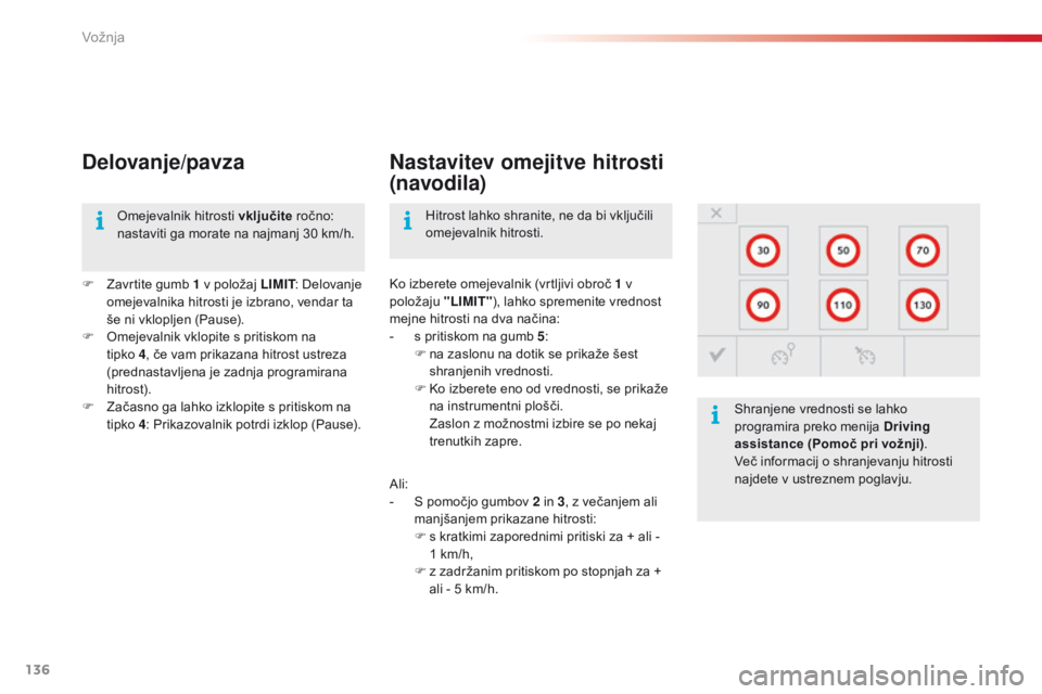 CITROEN C4 CACTUS 2018 Navodila Za Uporabo (in Slovenian) 136
C4-cactus_sl_Chap06_conduite_ed01-2016
Delovanje/pavza
F Zavrtite gumb 1 v položaj LIMIT: D elovanje
omejevalnika hitrosti je izbrano, vendar ta
še ni vklopljen (Pause).
F
Om
ejevalnik vklop CITROEN C4 CACTUS 2018 Navodila Za Uporabo (in Slovenian) 136
C4-cactus_sl_Chap06_conduite_ed01-2016
Delovanje/pavza
F Zavrtite gumb 1 v položaj LIMIT: D elovanje
omejevalnika hitrosti je izbrano, vendar ta
še ni vklopljen (Pause).
F
Om
ejevalnik vklop