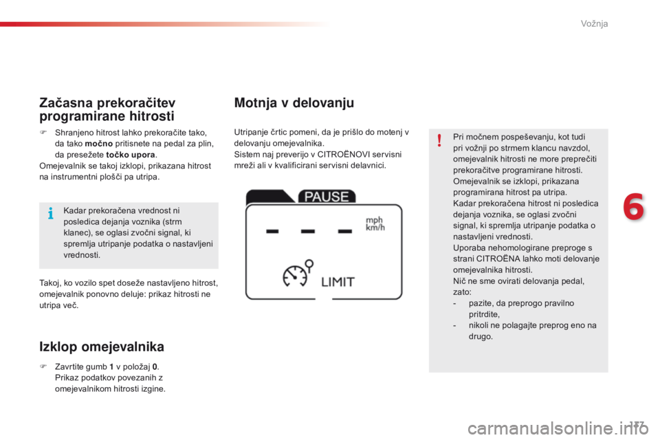 CITROEN C4 CACTUS 2018 Navodila Za Uporabo (in Slovenian) 137
C4-cactus_sl_Chap06_conduite_ed01-2016
Pri močnem pospeševanju, kot tudi
pri vožnji po strmem klancu navzdol,
omejevalnik hitrosti ne more preprečiti
prekoračitve programirane hitrosti.
Om CITROEN C4 CACTUS 2018 Navodila Za Uporabo (in Slovenian) 137
C4-cactus_sl_Chap06_conduite_ed01-2016
Pri močnem pospeševanju, kot tudi
pri vožnji po strmem klancu navzdol,
omejevalnik hitrosti ne more preprečiti
prekoračitve programirane hitrosti.
Om