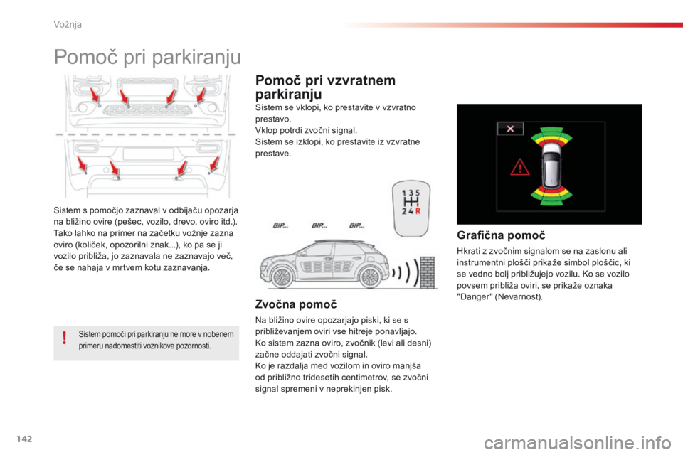 CITROEN C4 CACTUS 2018 Navodila Za Uporabo (in Slovenian) 142
C4-cactus_sl_Chap06_conduite_ed01-2016
Sistem s pomočjo zaznaval v odbijaču opozarja
na bližino ovire (pešec, vozilo, drevo, oviro itd.).
Tako lahko na primer na začetku vožnje zazna
oviro CITROEN C4 CACTUS 2018 Navodila Za Uporabo (in Slovenian) 142
C4-cactus_sl_Chap06_conduite_ed01-2016
Sistem s pomočjo zaznaval v odbijaču opozarja
na bližino ovire (pešec, vozilo, drevo, oviro itd.).
Tako lahko na primer na začetku vožnje zazna
oviro