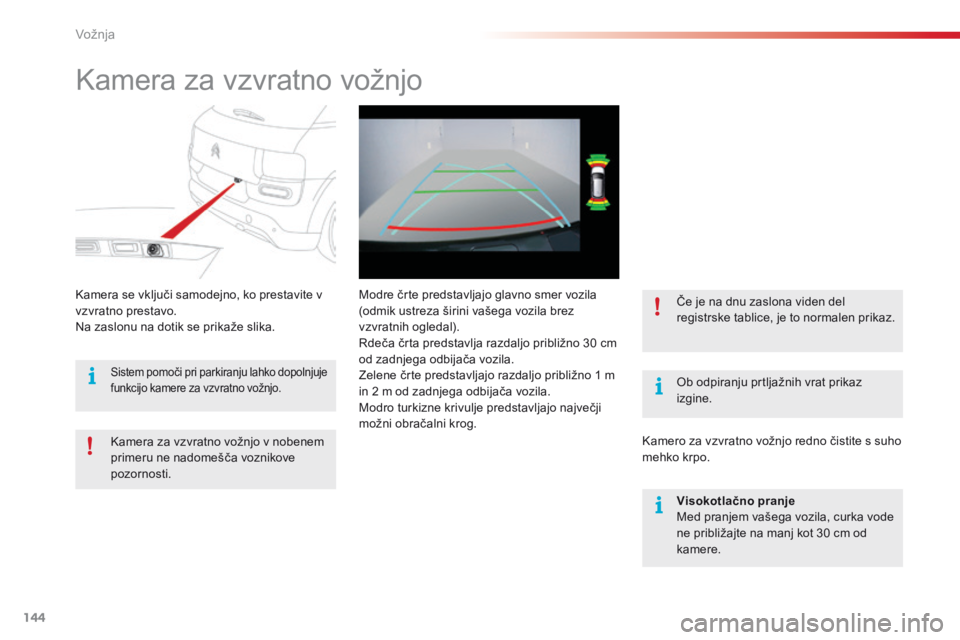 CITROEN C4 CACTUS 2018 Navodila Za Uporabo (in Slovenian) 144
C4-cactus_sl_Chap06_conduite_ed01-2016
Kamera za vzvratno vožnjo
Ob odpiranju prtljažnih vrat prikaz
izgine.
Kamera se vključi samodejno, ko prestavite v
vzvratno prestavo.
Na zaslonu na doti CITROEN C4 CACTUS 2018 Navodila Za Uporabo (in Slovenian) 144
C4-cactus_sl_Chap06_conduite_ed01-2016
Kamera za vzvratno vožnjo
Ob odpiranju prtljažnih vrat prikaz
izgine.
Kamera se vključi samodejno, ko prestavite v
vzvratno prestavo.
Na zaslonu na doti